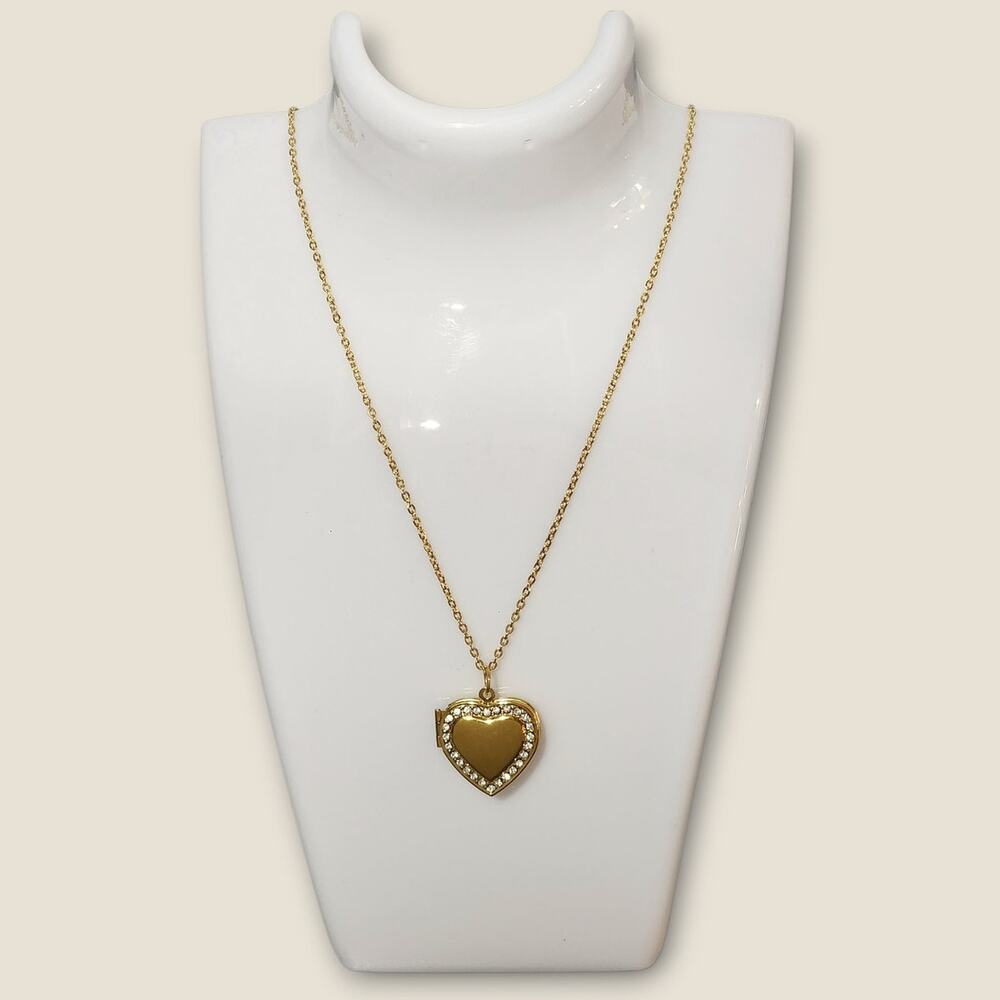 New Gold‎ Heart Locket Necklace With Rhinestone Detail Shiny Elegant